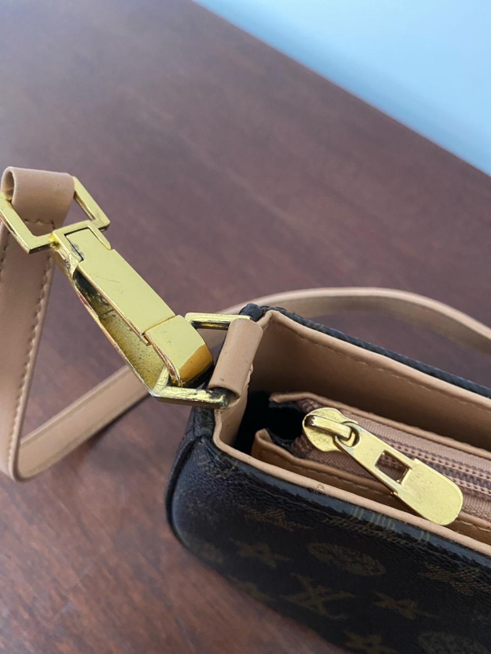 Designer-Inspired Monogram Mini Shoulder Bag in Brown and Tan - Picture 3 of 16